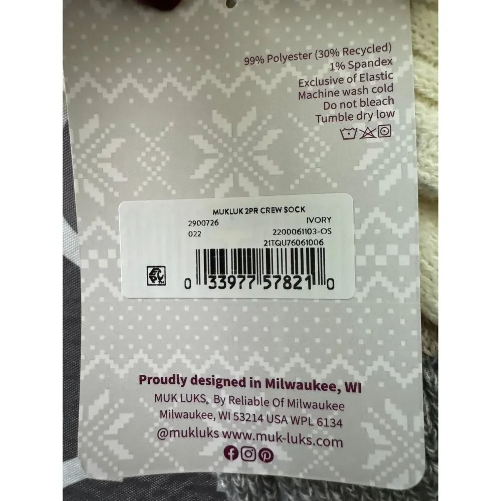 MUK LUK (2) pair Woman's Crew Socks Shoe Sz 6-11 New Giftable COZY